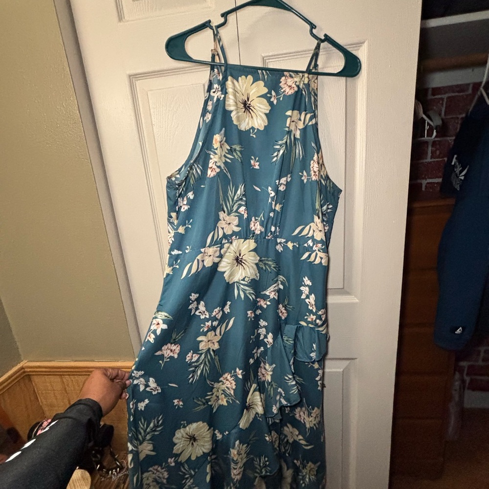 Boohoo Asymmetrical Floral Dress in Teal and Cream